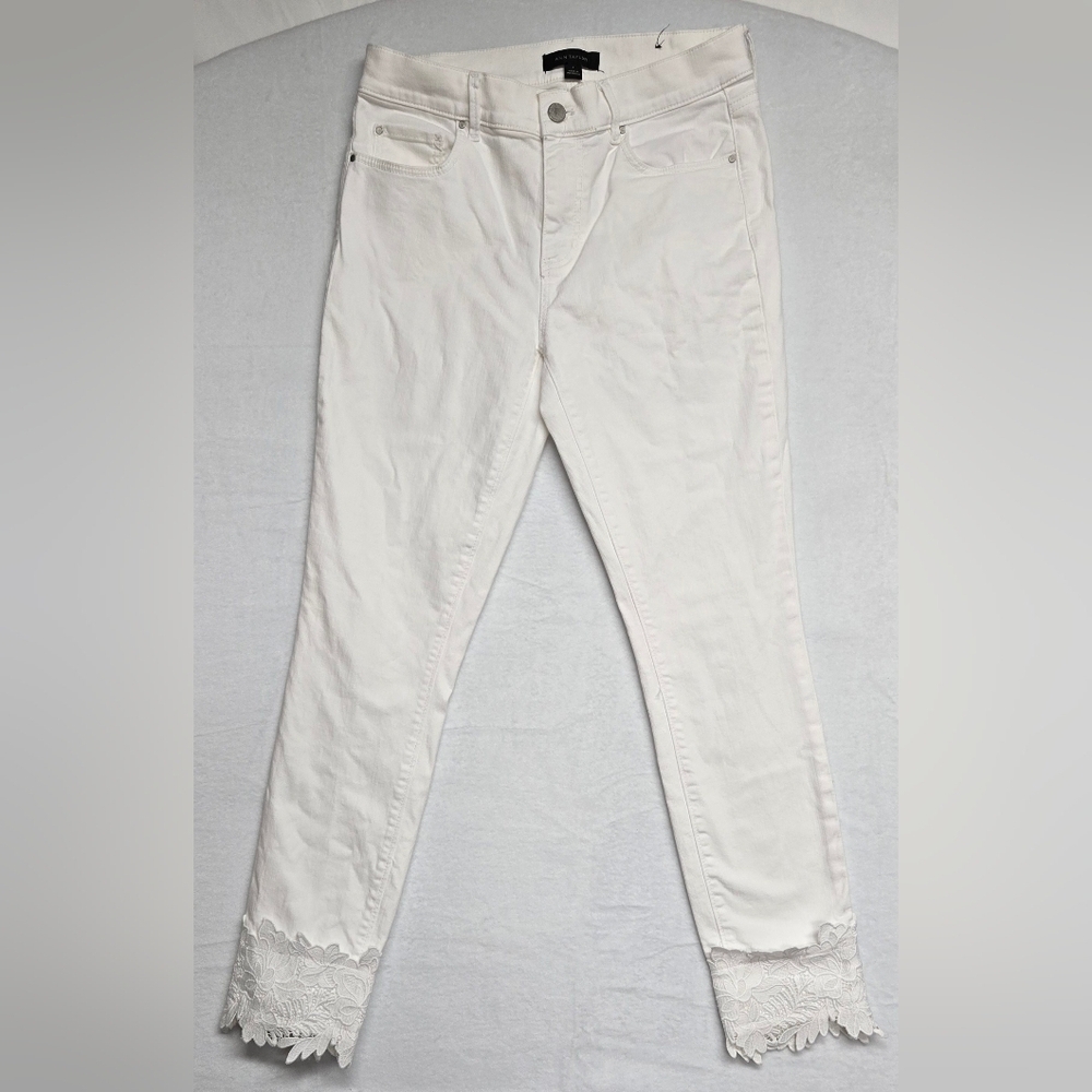 Ann Taylor 4 White Denim The Skinny Ankle Jean Lace Edging 5 Pocket Zipper Fly